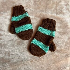 HANDMADE Cable Knit Blue and Brown Striped Winter Baby Mittens